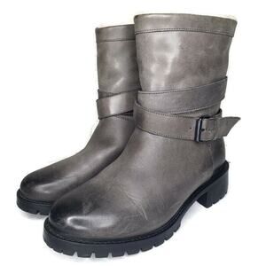 Ross & Snow Cristiana Grey Leather Moto Boot Lug Sole Shearling Lining Womens 8
